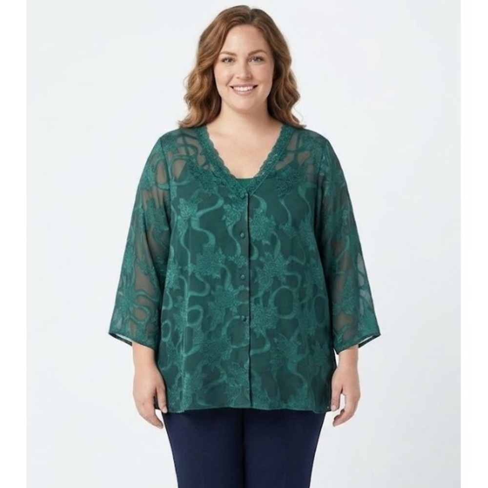 Vintage Foret de Framboise Green Floral Lace Artsy Sheer Button Down Large